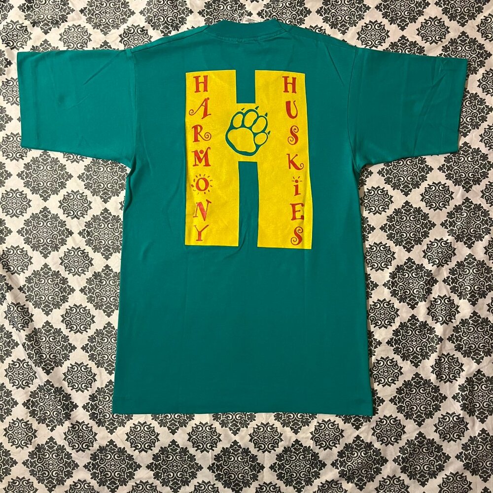 Vintage 90s Harmony Huskies Single Stitched Green Logo Graphic T-shirt Sz Small